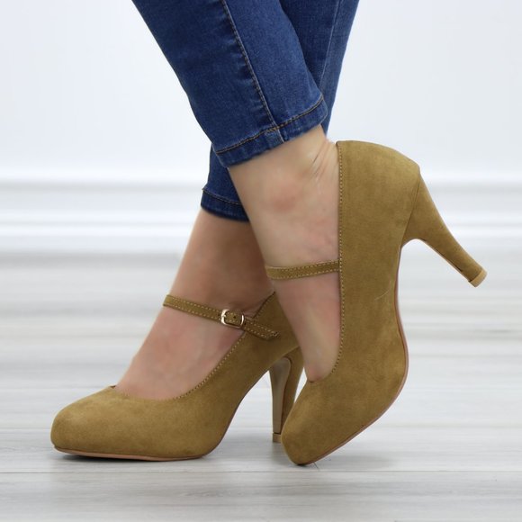 Taupe Suede Low Heel Rockabilly Pumps - Picture 2 of 11